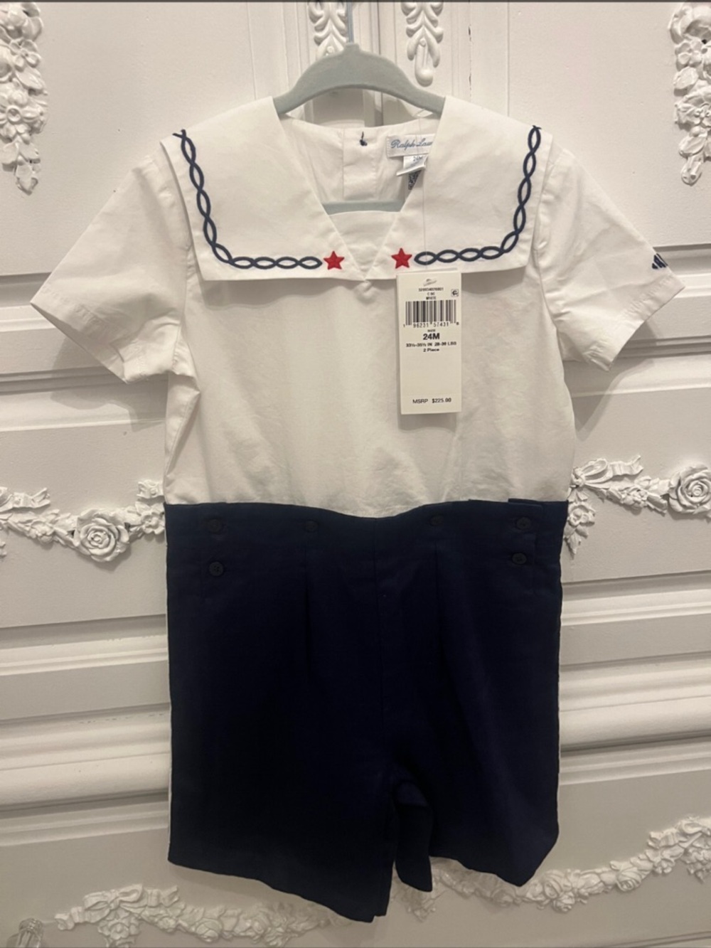 Ralph Lauren White & Navy Sailor-Style Baby Romper